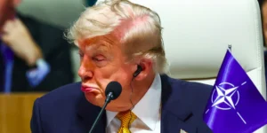 Дональд Трамп на саміті НАТО з прапором альянсу поруч