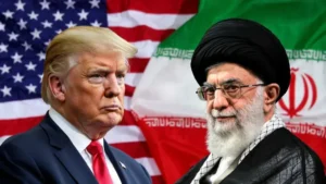 Дональд Трамп та аятола Алі Хаменеї на тлі прапорів США й Ірану