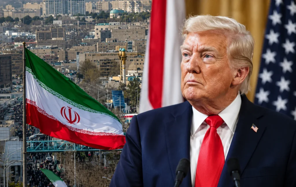 Дональд Трамп на тлі прапора Ірану під час заяви щодо конфлікту