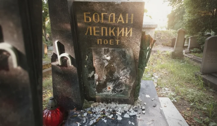 Пошкоджена могила Богдана Лепкого на Раковицькому кладовищі в Кракові